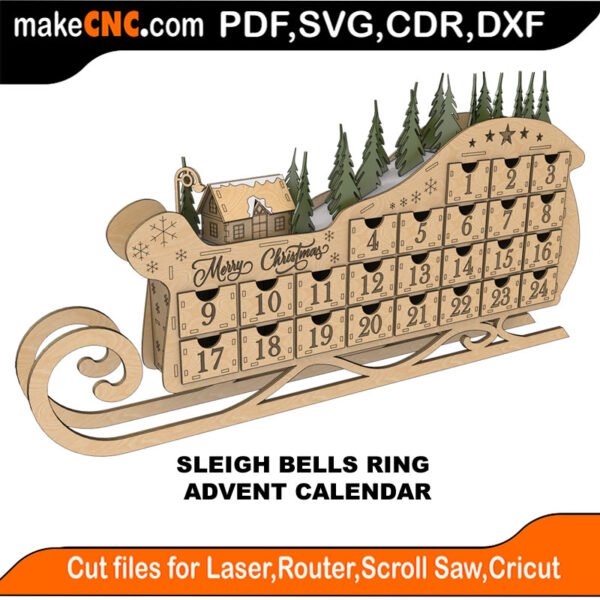 Sleigh Bells Ring - Advent Calendar : 3D Puzzle, Laser Cut, Scroll Saw, CNC Router, Template, Pattern DXF, CDR, SVG