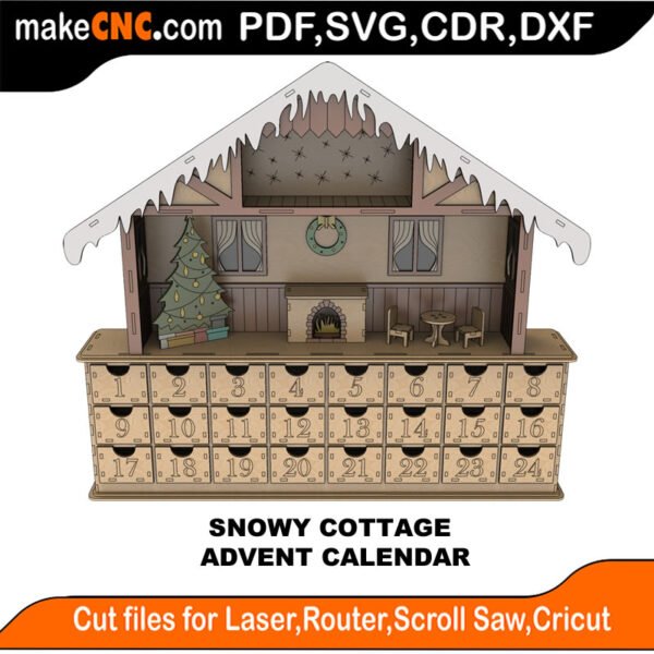 Snowy Cottage - Advent Calendar : 3D Puzzle, Laser Cut, Scroll Saw, CNC Router, Template, Pattern DXF, CDR, SVG