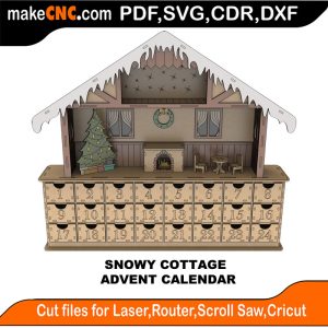 3D Snowy Cottage Advent Calendar Puzzle Pattern for CNC Laser Router Silhouette Die Cutter