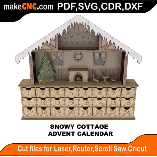 3D Snowy Cottage Advent Calendar Puzzle Pattern for CNC Laser Router Silhouette Die Cutter