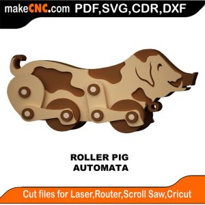 3D puzzle of The Roller Pig Automata, precision laser-cut CNC template