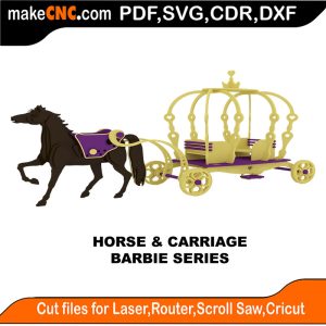 3D puzzle of a Barbie Horse & Carriage, precision laser-cut CNC template