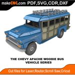 3D puzzle of Chevy Apache Woodie Bus, precision laser-cut CNC template