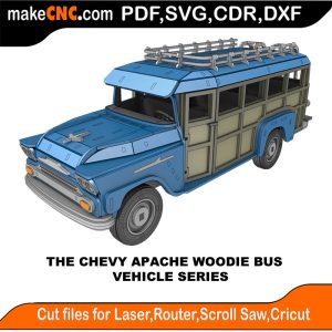 3D puzzle of Chevy Apache Woodie Bus, precision laser-cut CNC template