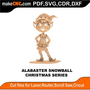 3D puzzle of Alabaster Snowball, Santa's Elf, precision laser-cut CNC template for Christmas