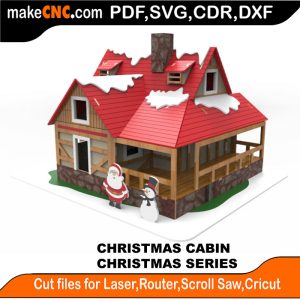 3D puzzle of a Christmas Cabin, precision laser-cut CNC template for rustic Christmas decor