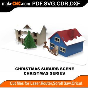 3D puzzle of a Christmas Suburb, precision laser-cut CNC template for holiday village decor