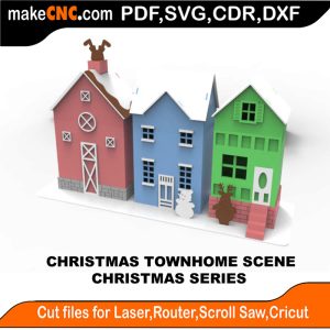 3D puzzle of a Christmas Townhome, precision laser-cut CNC template for elegant holiday decor