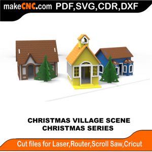 3D puzzle of a Christmas Village, precision laser-cut CNC template for a classic holiday display
