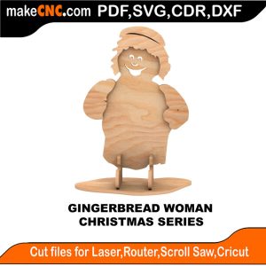 3D puzzle of a Gingerbread Woman, precision laser-cut CNC template for Christmas crafting