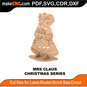 3D puzzle of Mrs. Claus, precision laser-cut CNC template for Christmas