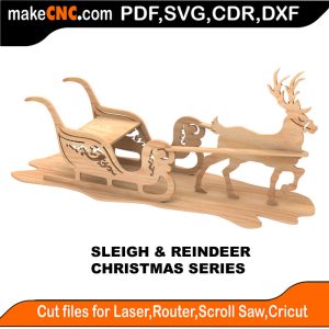 3D puzzle of a Sleigh and Reindeer, precision laser-cut CNC template for Christmas decor