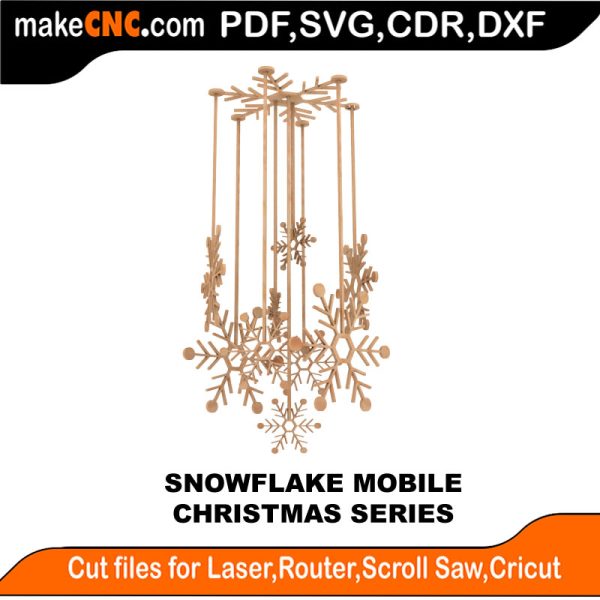 3D puzzle of a Snowflake Mobile, precision laser-cut CNC template for elegant Christmas decor