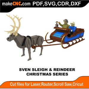 3D puzzle of a sleigh and reindeer, precision laser-cut CNC template for Christmas decor