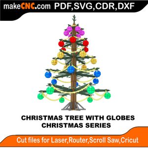3D puzzle of a Christmas tree with decorative globes, precision laser-cut CNC template for holiday decor