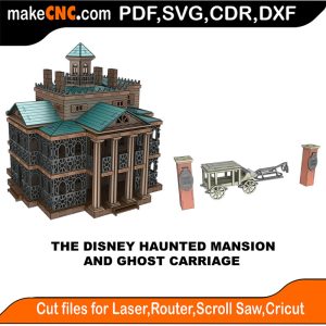 3D puzzle of Disney Haunted Mansion and Ghost Carriage, precision laser-cut CNC template