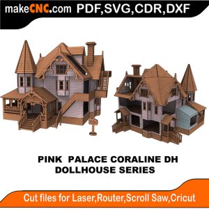 3D puzzle of the Pink Palace from Coraline, precision laser-cut CNC template