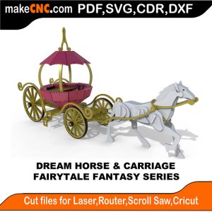 3D puzzle of a fairy tale horse and carriage, precision laser-cut CNC template