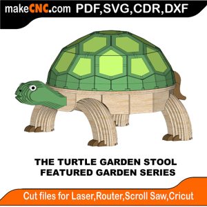 3D puzzle of a turtle-shaped garden stool, precision laser-cut CNC template