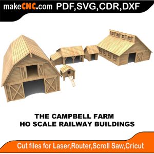 HO Scale Railway Buildings Campbell Farm Easy-to-Assemble Wooden Puzzle Perfect for CNC Router Laser Cutting Scroll Saw Plasma 3D Puzzle Pattern Perfect for Silhouette Cutting Silver Bullet Cricut K-40 3018 CNC