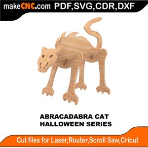 3D puzzle of Abracadabra Cat, precision laser-cut CNC template for Halloween