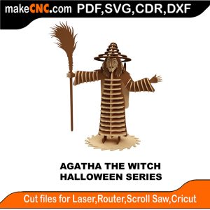 3D puzzle of Agatha the Witch, precision laser-cut CNC template for Halloween
