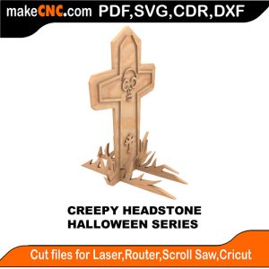 3D puzzle of a creepy headstone, precision laser-cut CNC template for Halloween
