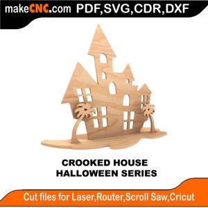 3D puzzle of a crooked house, precision laser-cut CNC template for Halloween