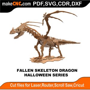 3D puzzle of a fallen skeleton dragon, precision laser-cut CNC template