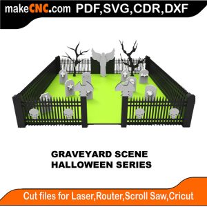3D puzzle of a graveyard scene, precision laser-cut CNC template for Halloween