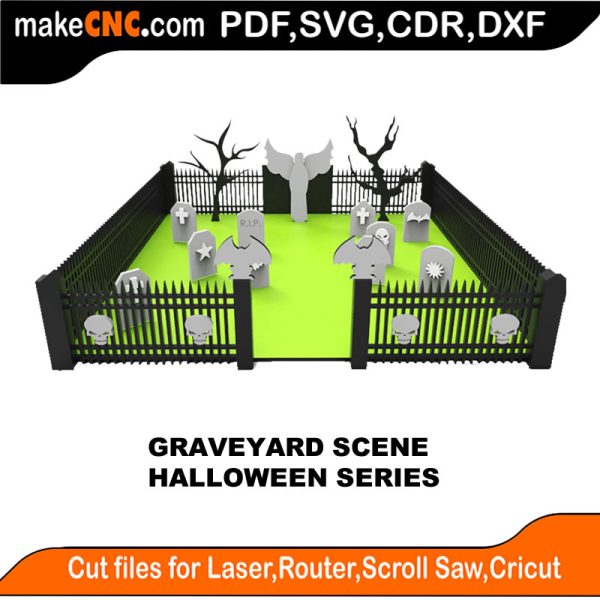 3D puzzle of a graveyard scene, precision laser-cut CNC template for Halloween