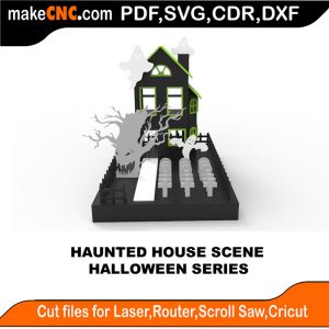 3D puzzle of a haunted house scene, precision laser-cut CNC template for Halloween