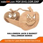 3D puzzle of a Halloween jack-o'-lantern basket, precision laser-cut CNC template