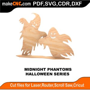 3D puzzle of ghostly figures, precision laser-cut CNC template for Halloween