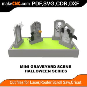 3D puzzle of a mini graveyard scene, precision laser-cut CNC template for Halloween