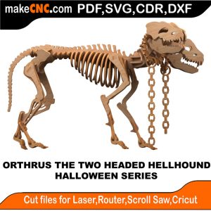 3D puzzle of Orthrus the Two Headed Hellhound Skeleton, precision laser-cut CNC template for Halloween