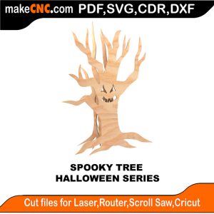 3D puzzle of a spooky tree, precision laser-cut CNC template for Halloween