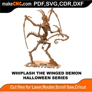 3D puzzle of Whiplash the Winged Demon Skeleton, precision laser-cut CNC template for Halloween
