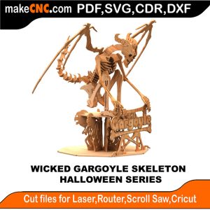 3D puzzle of a Wicked Gargoyle Skeleton, precision laser-cut CNC template for Halloween