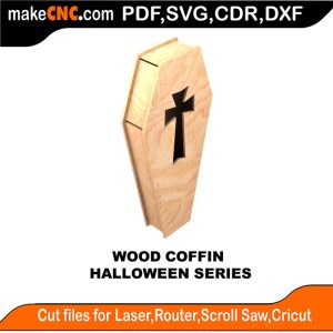 3D puzzle of a wooden coffin, precision laser-cut CNC template for Halloween