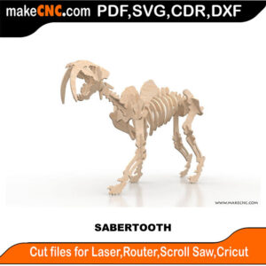 Sabertooth Tiger Dinosaur 3D Puzzle Pattern for CNC Laser Router Silhouette Die Cutter Scroll Saw Model DXF SVG Plans Toy Laser Cricut Silhouette