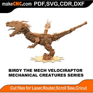 3D puzzle of Birdy the Mechanical Velociraptor, precision laser-cut CNC template