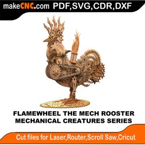 3D puzzle of Flamewheel the Mechanical Rooster, precision laser-cut CNC template