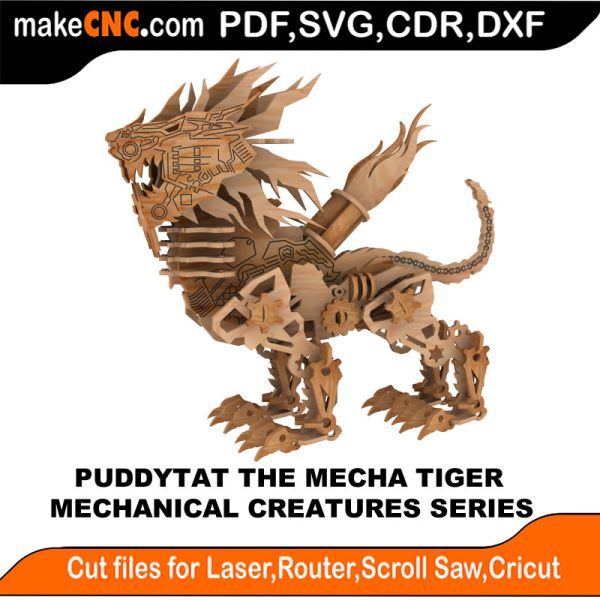 3D puzzle of Puddy Tat the Mechanical Tiger, precision laser-cut CNC template