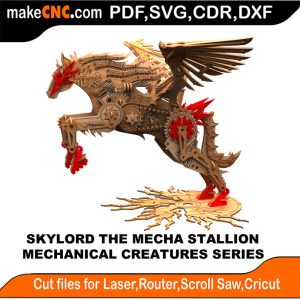 3D puzzle of Skylord the Mechanical Stallion, precision laser-cut CNC template