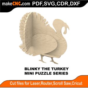 3D puzzle of Blinky the Turkey, precision laser-cut CNC template