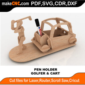Golfer and Cart Pen Holder 3D Puzzle Pattern for CNC Laser Router