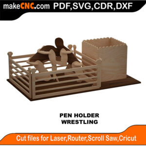 A Detailed Wrestling Pen Holder Pattern for Creating a 3D Wooden Puzzle Designed for Laser Cutting Machines featuring Slotted Parts for Easy Assembly