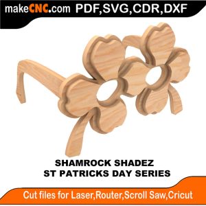 3D puzzle of shamrock-shaped eyewear, precision laser-cut CNC template for St Patrick's Day