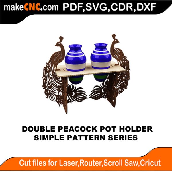 3D puzzle of Double Peacock Pot Holder for plants, precision laser-cut CNC template